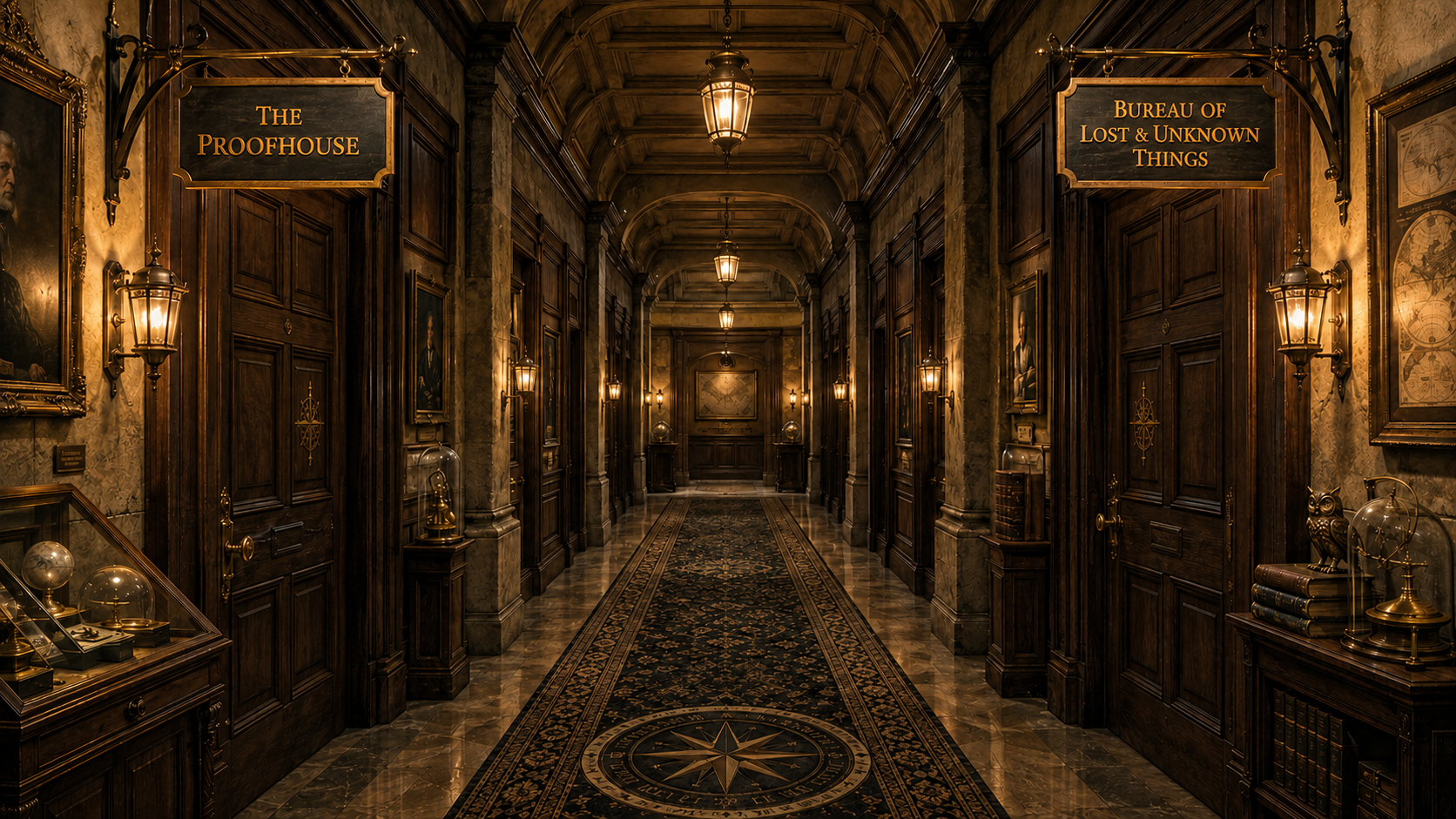 A distinguished Eftsona hallway. The first door on the left leads to The Proofhouse, and the first door on the right leads to the Bureau of Lost and Unknown Things.