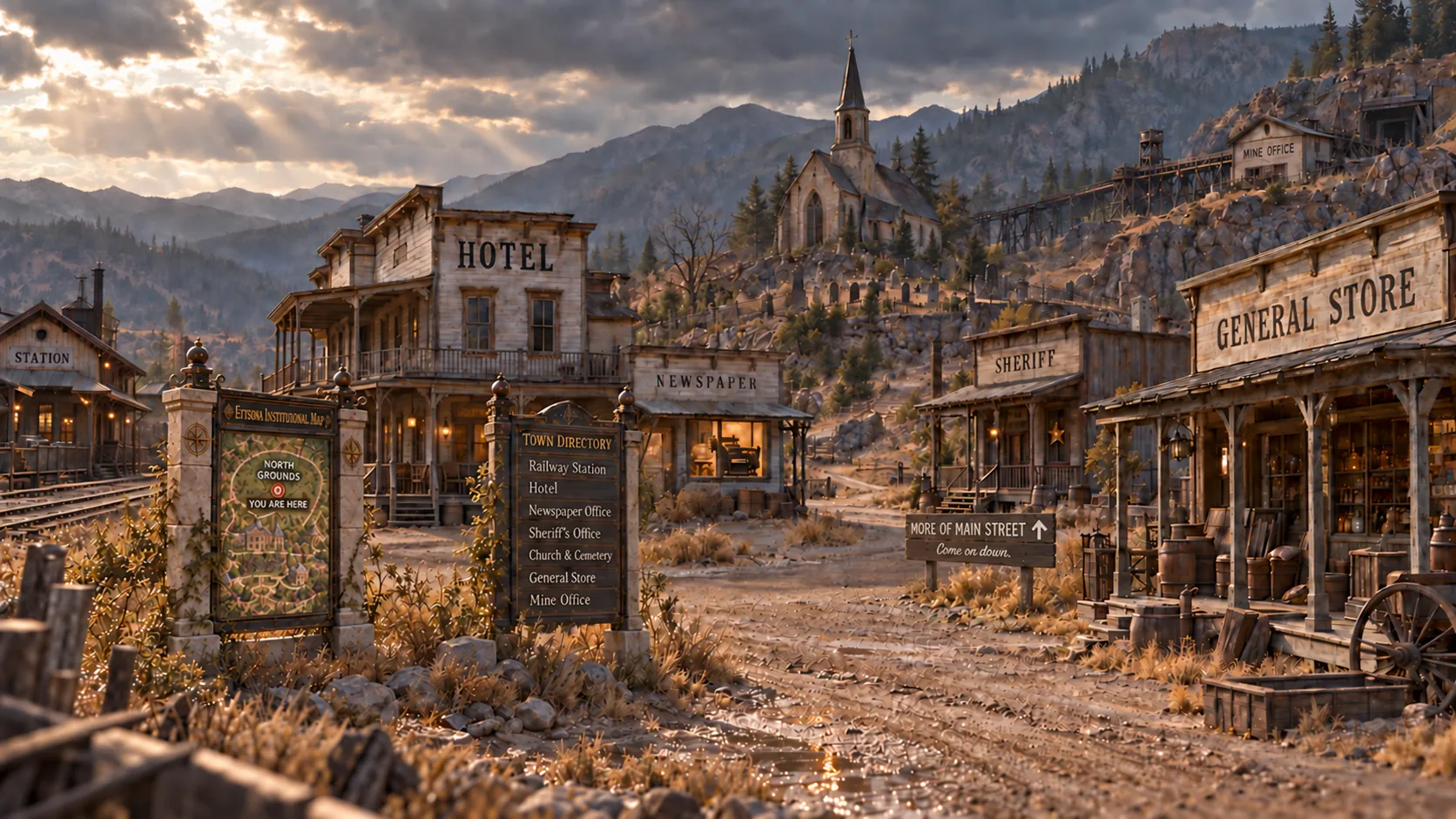 Entering the Ghost Town: railway station, hotel, newspaper office, sheriff’s office, general store, church and mine office beside a dirt Main Street.