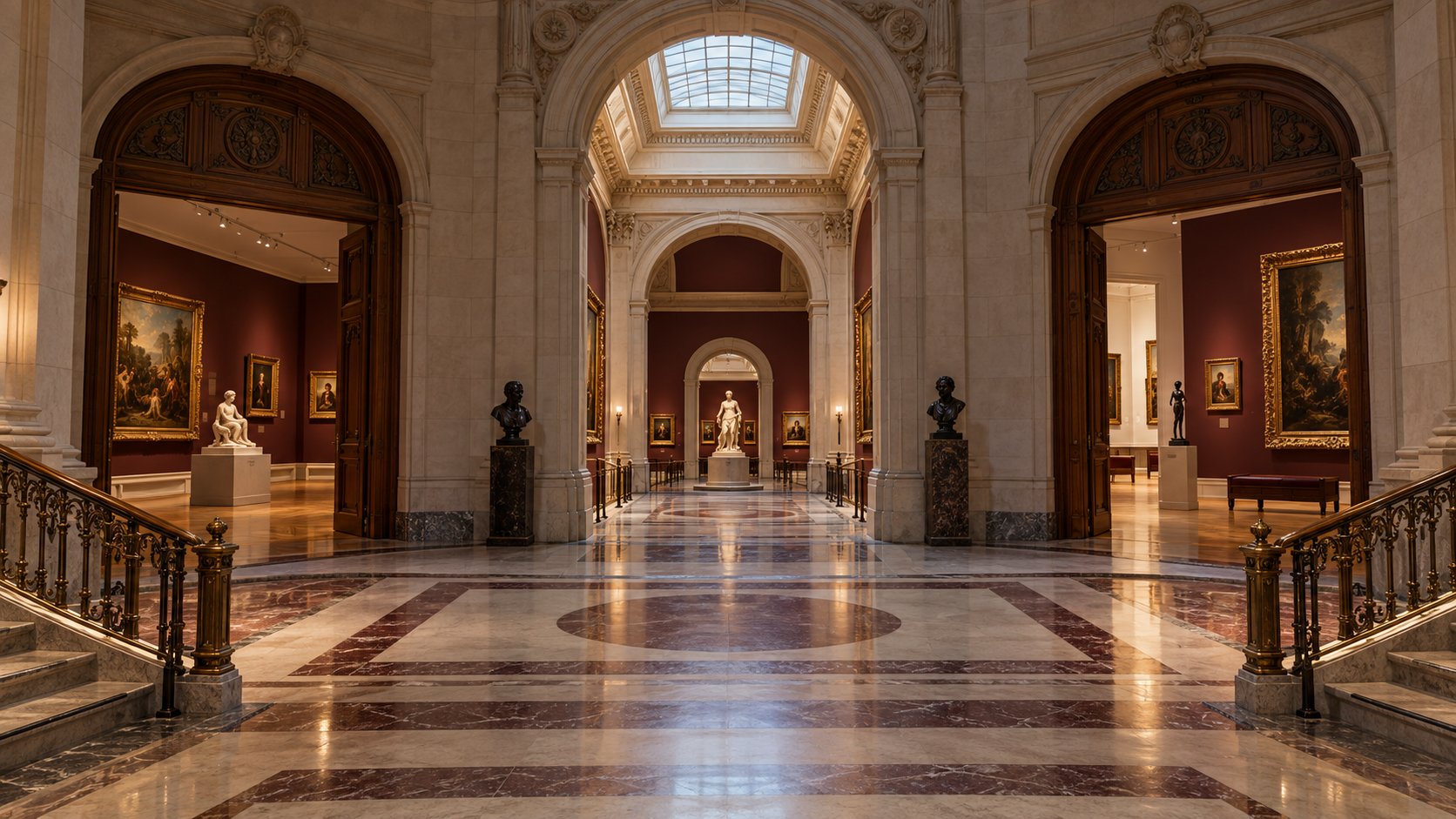 Artistic reconstruction of a historic art museum hall with sculpture and three gallery entrances