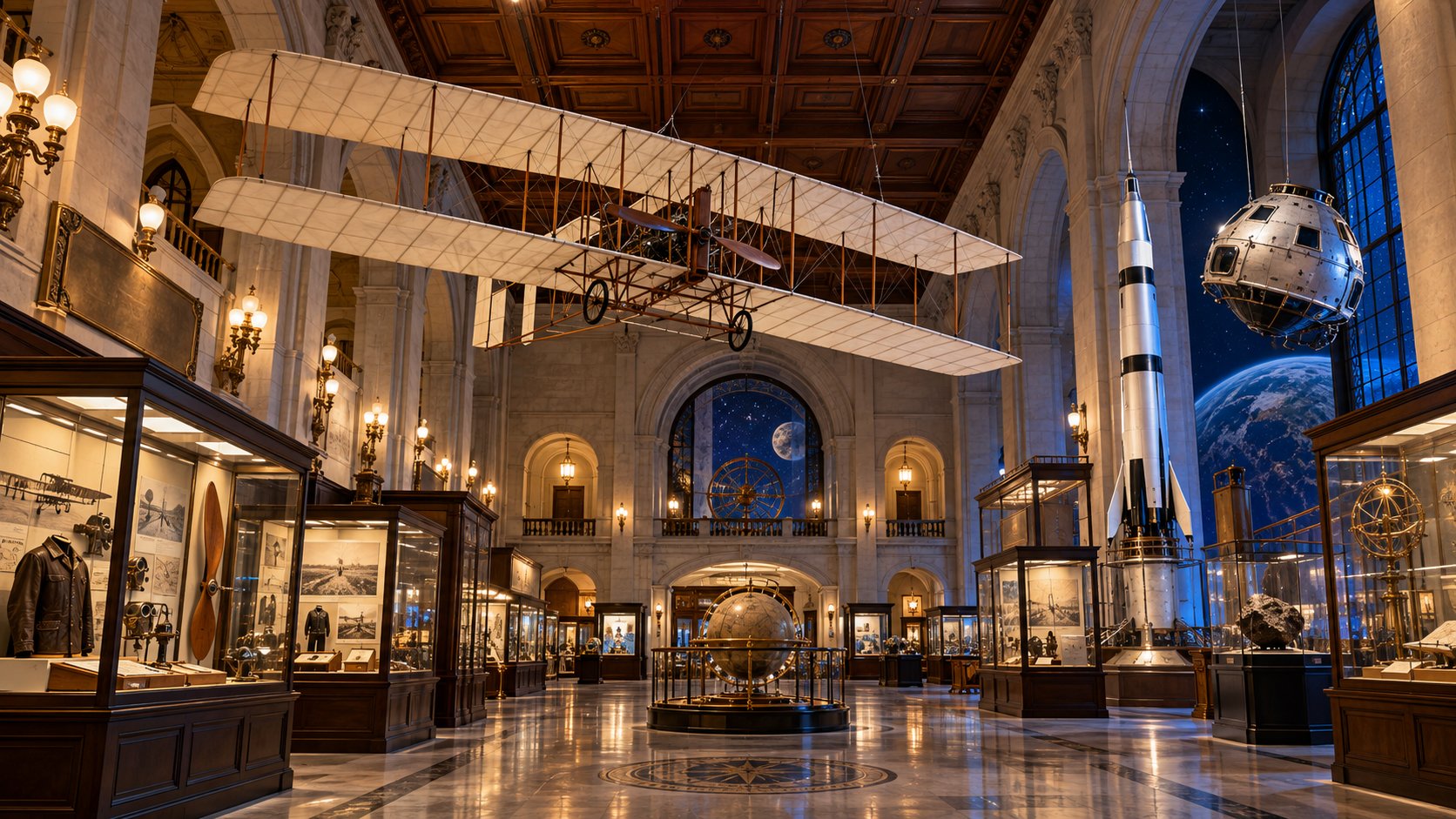 Artistic reconstruction of an aviation and space museum hall with suspended biplane and spacecraft models
