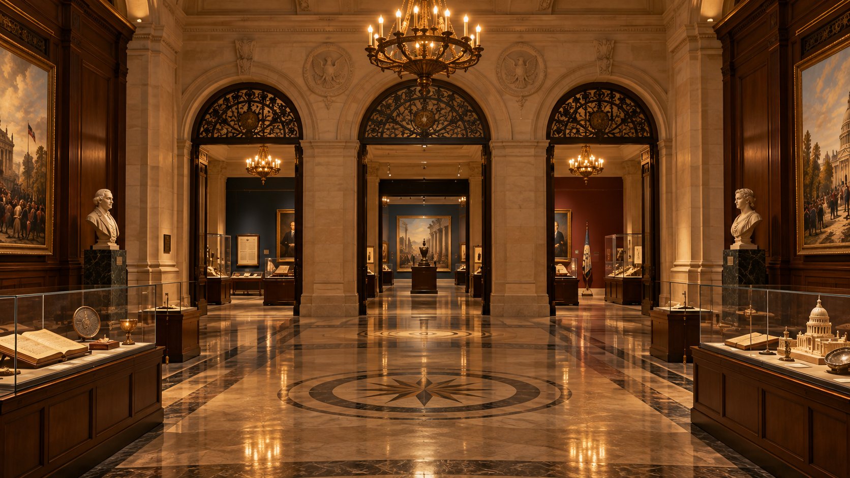 Artistic reconstruction of a historic civic museum with three galleries and walnut cases