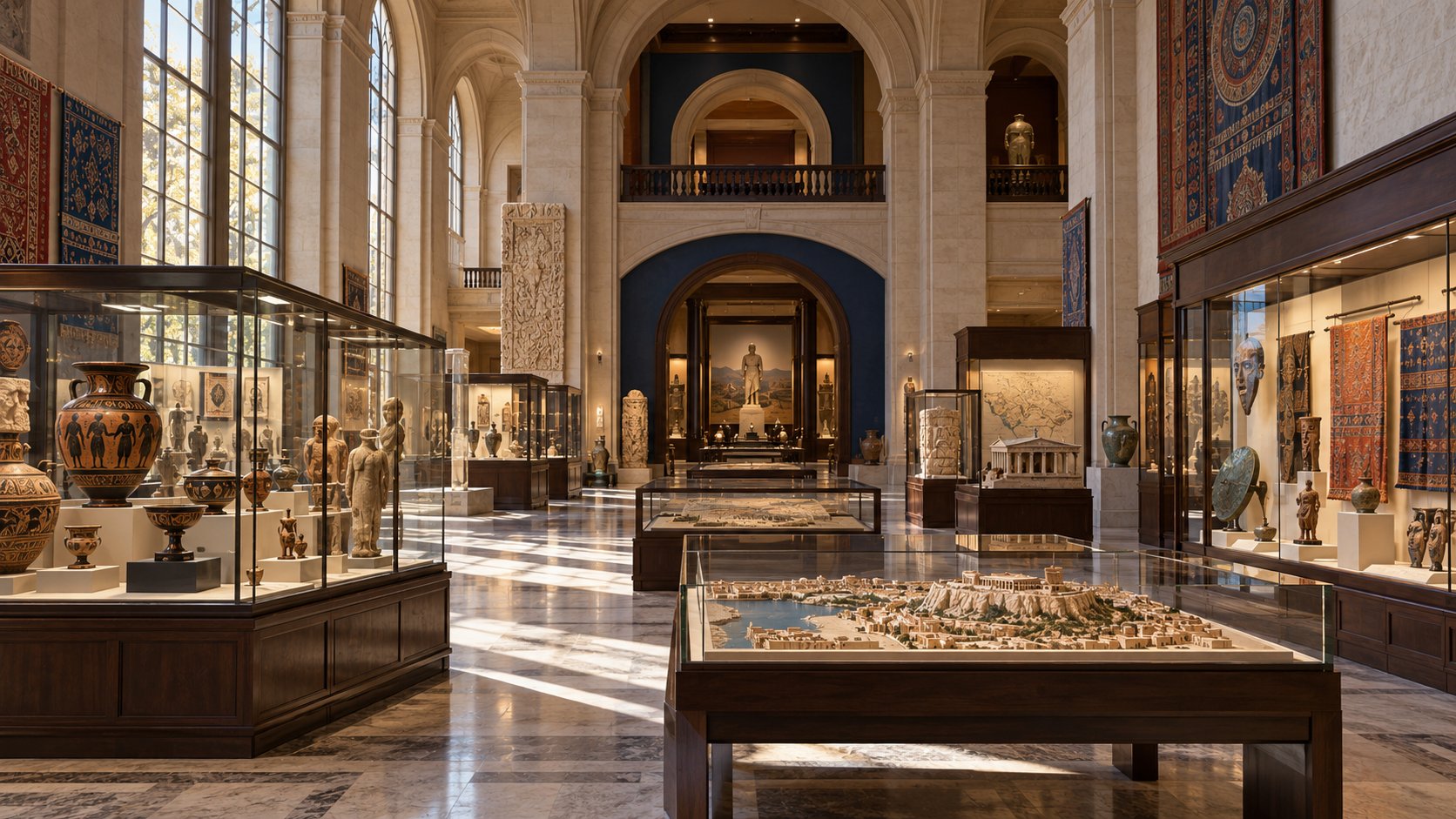 Artistic reconstruction of a museum hall with architectural models, ceramics, maps, and textiles