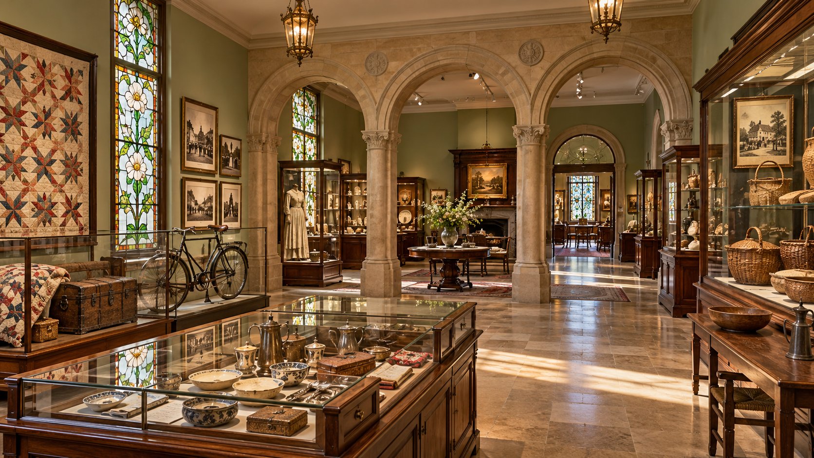Artistic reconstruction of a historic everyday life museum hall with domestic objects and three gallery entrances