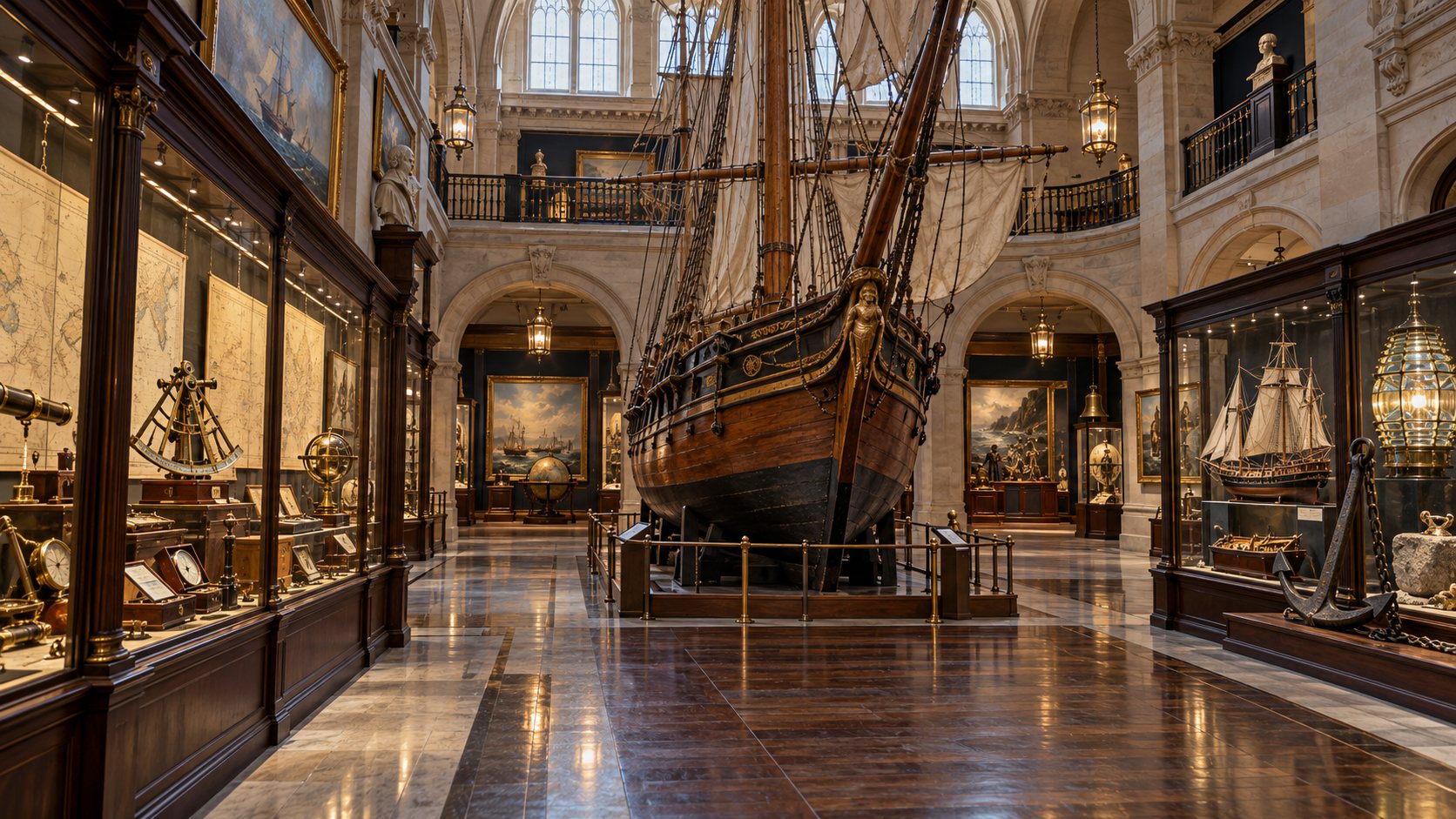 Artistic reconstruction of a maritime museum hall with sailing vessel, charts, and navigation cases