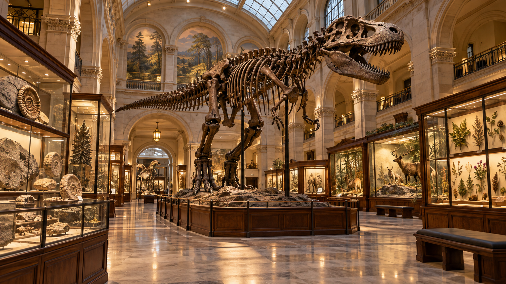 Artistic reconstruction of the Natural History main hall with a dinosaur skeleton and display cases