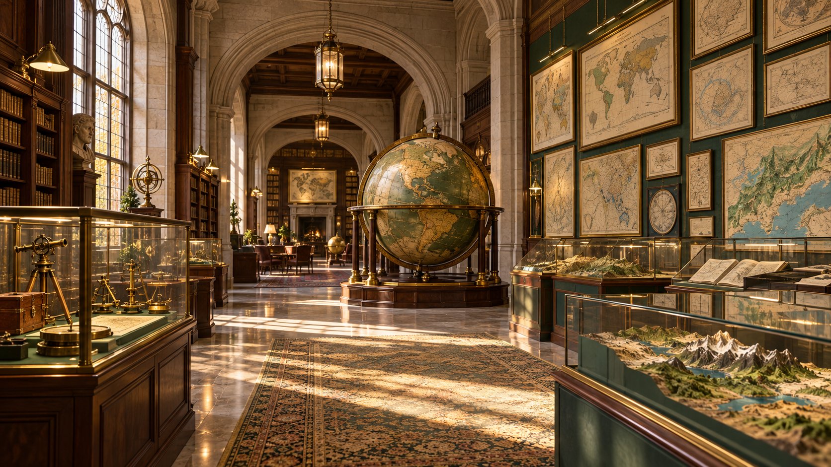 Artistic reconstruction of a museum of maps with globe, framed maps, and survey instruments