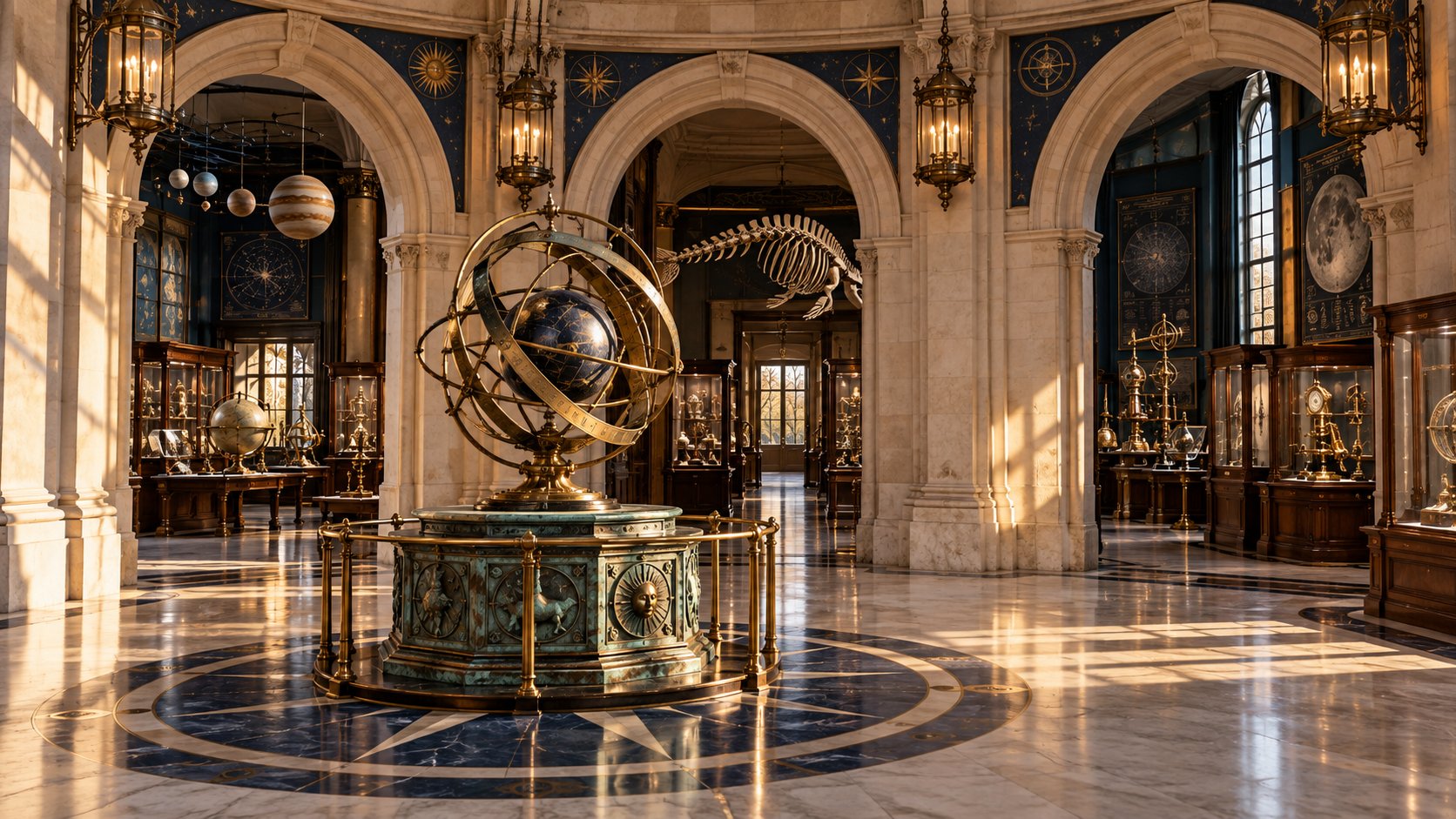 Artistic reconstruction of a historic science museum hall with instruments and three gallery entrances