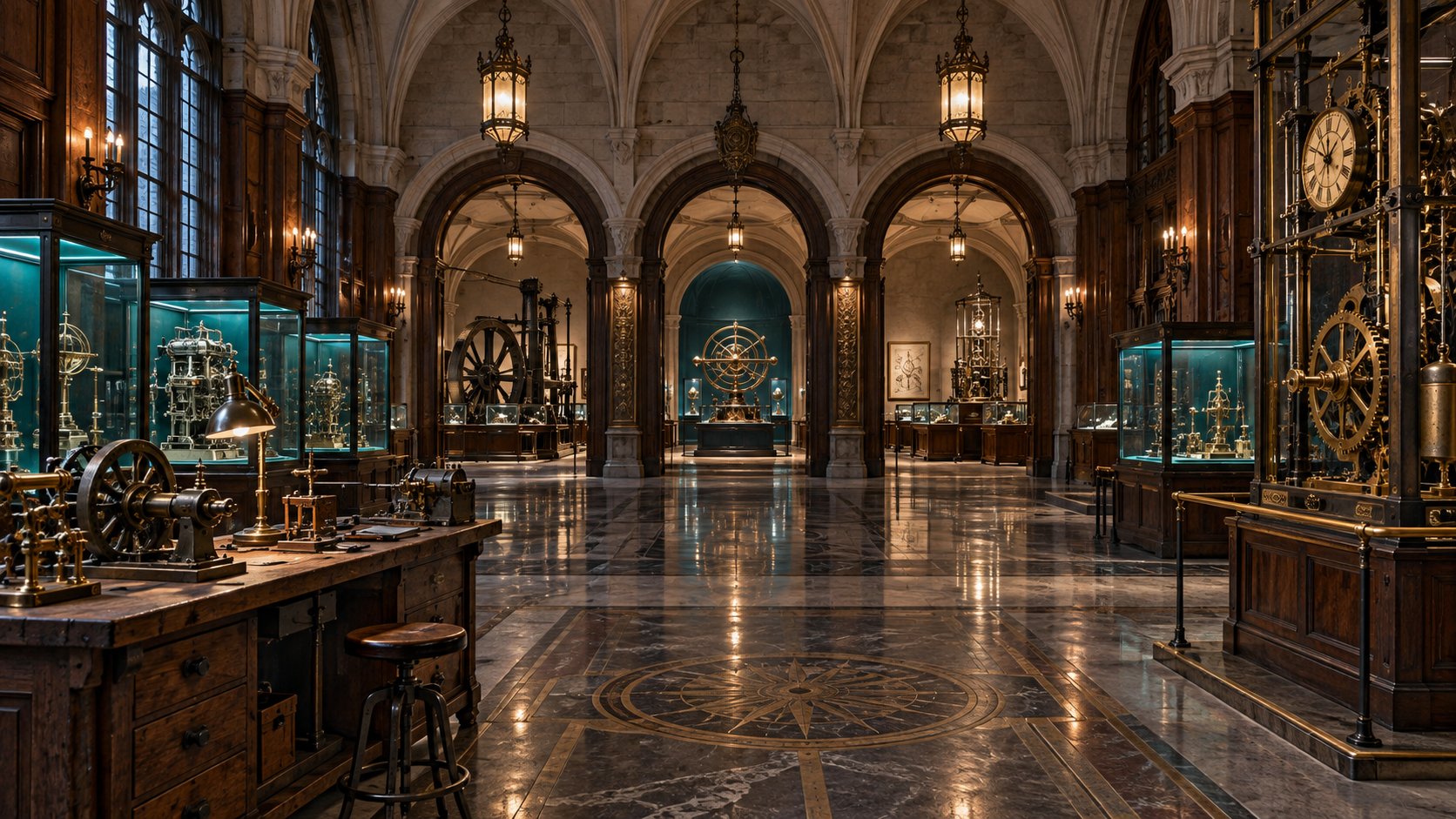 Artistic reconstruction of a historic technology museum hall with machines and three gallery entrances