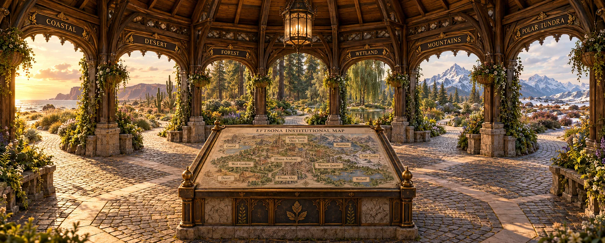 Grand West Gardens gazebo with the Eftsona Institutional Map and signed ecosystem exits